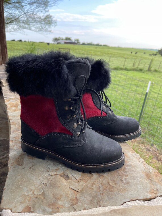 Vintage Sorel Snow Boots, Red Calfskin, Black Rab… - image 5