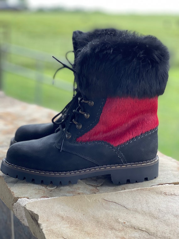 Vintage Sorel Snow Boots, Red Calfskin, Black Rab… - image 9