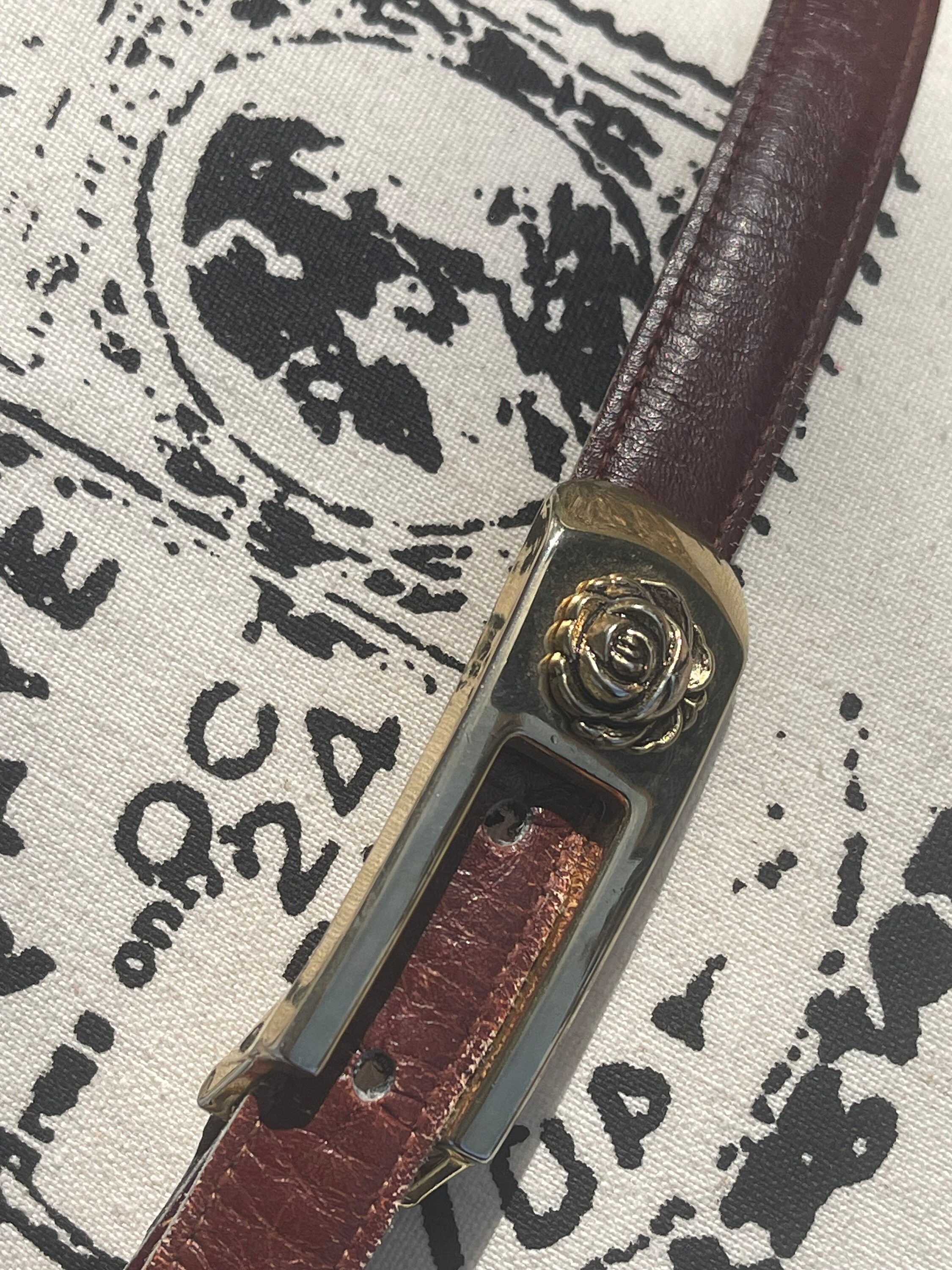Vintage Anne Klein Calderon Leather Belt: Gold Rose Buckle 