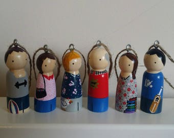 Personalised Christmas tree hanging decorations - custom peg doll ornaments, personalised peg doll tree decorations, wooden peg doll hangers