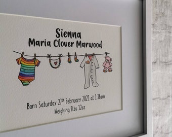 Personalised New Baby Gift - washing line watercolour artwork, framed new baby present, welcome to the family gift, custom baby present