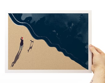Dog Walking on the Beach A4/A3 Original Print Signed Limited Edition | Illustration | Wall Art | High Quality