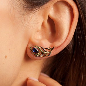 Peacock Feathers Sterling Silver Ear Climber Blue Earrings, Gold Ear Crawler, Nature Leaf Minimalist Earrings, Nature Lover Gift For Friend