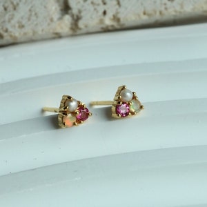 Natural Pink Tourmaline Sterling Silver Tiny Stud Earrings, Small Opal Gold Minimalist Crystal Jewelry, Dainty Pearl Earring, Helix Earrings