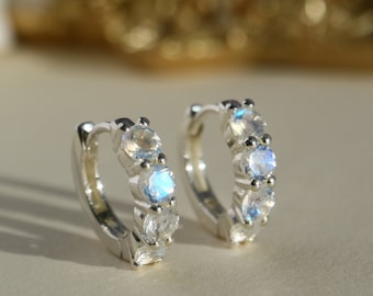 Natural Moonstone Silver / 14K Gold Huggie Hoop Earrings - June Birthstone Crystal Jewelry - Dainty Hoops