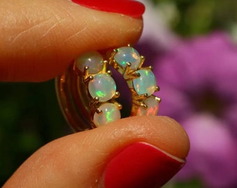 Ethiopian Opal Hoop Earrings: Gold Vermeil Sterling Silver Huggies - October Birthstone