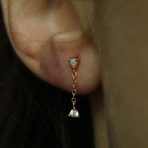 Opal Labret Silver Internally Threaded Chain Dangled Earrings, Flat Back Cartilage Helix Studs, Opal Conch Tragus Minimalist Stud Single