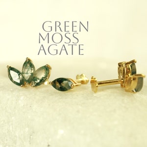 Labret in argento con agata muschiata verde naturale, orecchino in oro con parte posteriore piatta e cristallo di gemma marquise, perno per cartilagine con filettatura interna, daith elica, regalo