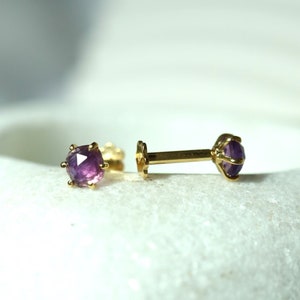 Natural Amethyst Rose Cut Labret Silver Stud Cartilage Earring, 14K Gold Dainty Internally Threaded Studs, Crystal Screw Flat Back Earrings