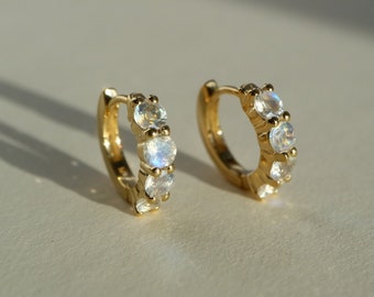 Rainbow Moonstone  Silver / 14K gold Huggie  Earrings - June Birthstone Crystal Jewelry - Gemstone Hoops