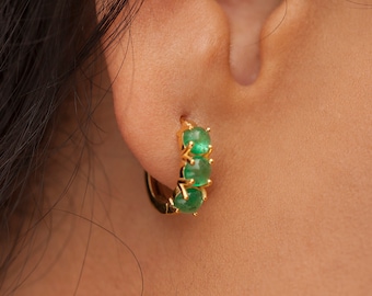 Natural Emerald Silver/14K Gold Vermeil  Huggie Hoop Earrings - May Birthstone
