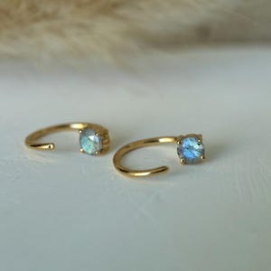 Natural Labradorite Sterling Silver Open Hoop Earrings, Pull Through Huggie Hoops - Minimalist Dainty Threader