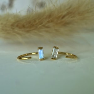 Baguette Moonstone Sterling Silver Open Hoop Earrings, Pull Through Huggies Hoops, Minimal Small Threader Single,Gemstone Crystal Jewelry