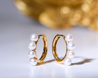 Solid 14K Gold Pearl Earrings, 3MM Small Freshwater Akoya Pearl Huggie Hoop Earrings, Pearl Jewelry UK, Wedding Bridal Pearl Hoops Earrings