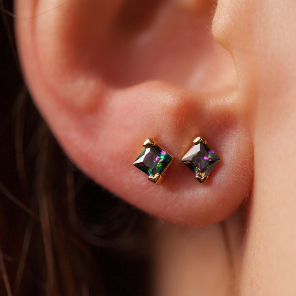 Mystic Topaz Silver Stud Earrings, Minimalist Dainty Cartilage Helix Earrings, Geometric Square Cute Studs, Cubic Zirconia Jewelry Gift