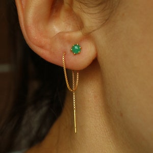 Genuine Emerald Silver Chain Threader Earrings, Gold Dainty Minimalist Cartilage Single Earring, Long Chain Bar Studs, Helix Unique Studs