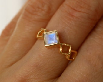 Gold Vermeil Regenbogen Mondstein Ring, Sterling Silber Kristall Zierliche Ringe Für Frauen, Stapelbar Minimalistische Statement Goldringe, Schmuck