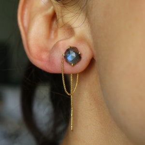 Rose Cut Natural Labradorite Silver Gold Threader Dangle Earrings, Long Chain Cartilage Minimalist Crystal Single Earring, Dainty Jewelry
