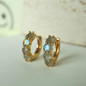 Labradorite Gold Vermeil Silver Huggie Hoop Dainty Minimalist Earrings, Crystal Jewelry, Gift Earrings For Women Mom Friend, Gemstone Hoops