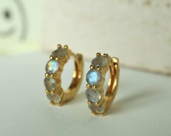 Labradorite Gold Vermeil Huggie Hoop Earrings, Sterling Silver, Dainty Minimalist