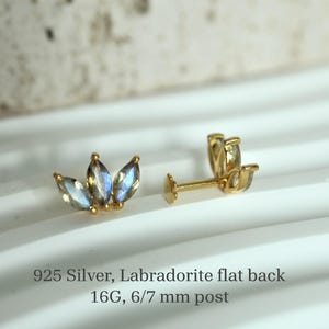 Marquise Natürliche Labradorit Ohrstecker mit flacher Rückseite, Labret Knorpel Helix 14K Gold Ohrstecker - Edelstein Schmuck