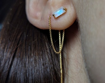 Boucles d'oreilles pendantes avec pierre de lune naturelle, argent, argent et or, boucle d'oreille simple en cristal minimaliste à longue chaîne, bijoux délicats