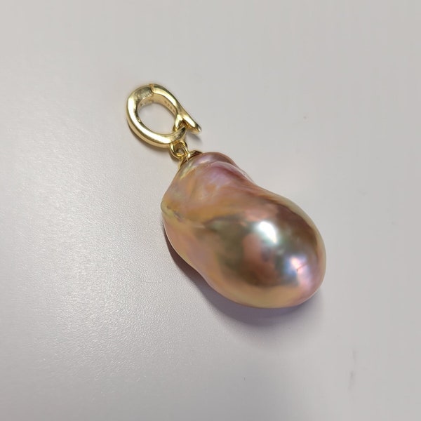 RARE pendentif perle métallisée rose baroque jumbo de qualité AAA en or 14 carats sur argent sterling, grande breloque amovible organique baroque d'eau douce