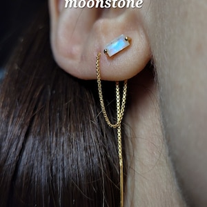 Baguette Natural Moonstone Silver Gold Threader Dangle Earrings, Long Chain Cartilage Minimalist Crystal Single Earring, Dainty Jewelry