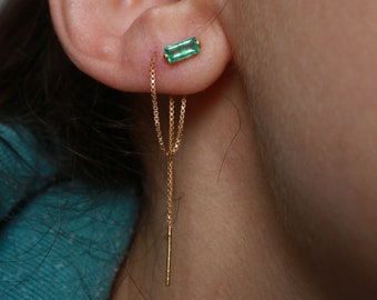 Boucles d'oreilles pendantes hélix en argent émeraude naturel, enfilage en or, boucle d'oreille simple en cristal minimaliste à longue chaîne, bijoux délicats