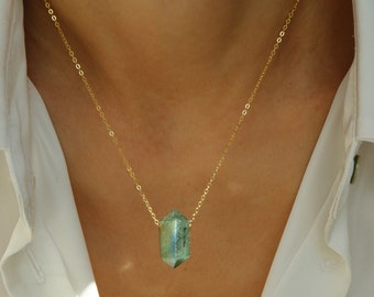 Natural Labradorite 14K Gold Necklace, November Birthstone Crystal Jewelry, Point Wand Gemstone Pendant, Healing Crystal Reiki Yoga Gifts
