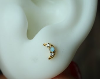 Labradorite Crescent Labret Silver Stud Earring, Natural Gemstone 14KGold Dainty Internally Threaded Stud, Helix Screw Flat Back Earrings