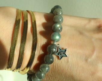 Pulsera de encanto de plata lisa de labradorita de 8 mm, pulsera de cristal de estrella de la suerte encantada, regalo significativo de cumpleaños, pulsera de hombre, joyería de piedras preciosas