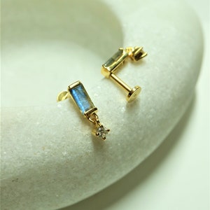Natural Labradorite Internally Threaded Labret Studs with Zircon Dangle, Boho Chic Sterling Silver Earring, Gemstone Cartilage Helix Stud