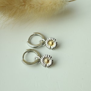Dainty Daisy Chrysanthemum Sterling Silver Huggie Hoop Earrings, Flower Bloom Hoops, Charm Dangle Minimalist Earring, Nature Lover Gift