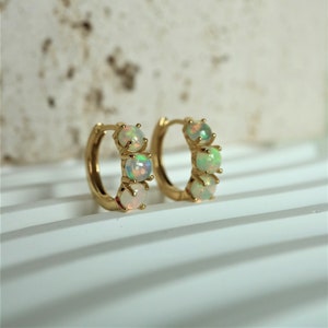 Ethiopian Opal Huggie Earrings, Opal Hoops, Genuine Opal Jewelry, Gemstone Earrings For Women, October Birthstone Crystal Jewelry
