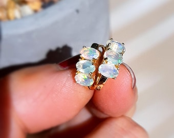 Fire Opal Silver/Gold  Huggie Hoop Earrings, Ethiopian Opal Crystal Jewelry, October Birthstone