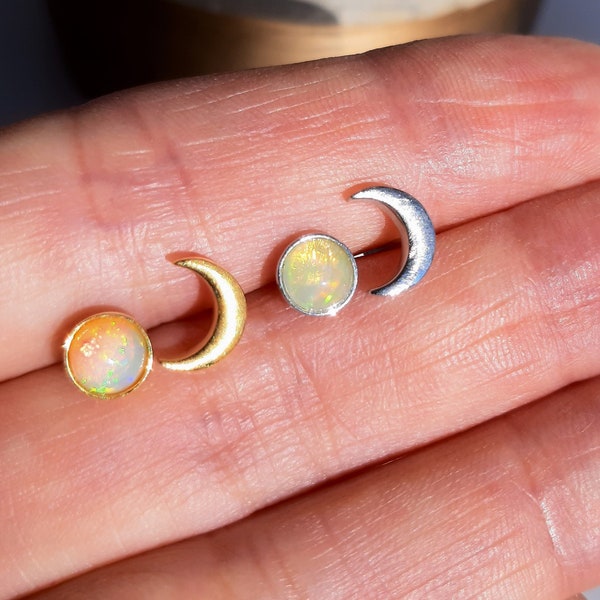 Crescent Fire Opal Sterling Silver Stud Earrings, Ethiopian Opal Moon Phase Gemstone Jewelry, Mismatched Minimalist  Celestial Jewellery