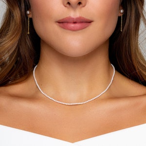 18K Gold Pearl Choker Necklace, Freshwater Akoya Small Round 2.5-3 mm Pearl Necklace, Bridal Wedding Pearl Jewelry, Tiny Pearl Choker image 1