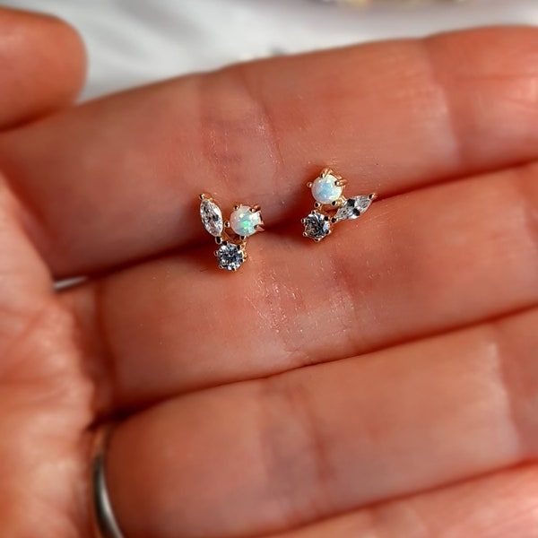 Opal Sterling Silver Stud Earrings, Gold Dainty Tiny Small Minimalist Marquise Cubic Zirconia Earrings , Opal Crystal Jewelry, Gift For Her