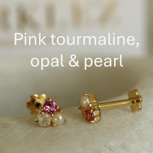 Natürliche rosa Turmalin, äthiopischen Opal & Perle Silber Labret Ohrringe, Gold Edelstein flache Rückseite Ohrstecker Knorpel Helix, Weihnachtsgeschenk für sie