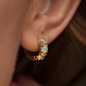 Ethiopian Opal Silver Gold Huggie Hoop Statement Earrings - October Birthstone Jewelry Gift For Her