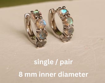 Labradorite Silver Huggie Hoop Earrings – Dainty Gemstone Hoops