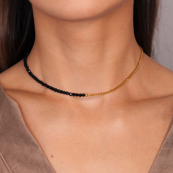 SALE Black Spinel Gold Chain Necklace, Black Spinel Choker, Gold Layering Minimalist Necklace, Crystal Gemstone Jewelry Gifts For Her