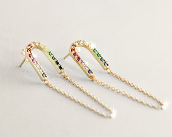 Chain Stud  Earrings,Silver Chain Earrings,Rainbow CZ Chain  Stud Earrings,Multicolor CZ Earrings, Chain Dangle Earrings,Drop Chain Earrings