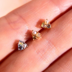 Opal Pearl Sterling Silver Stud Earrings, Small Dainty Minimalist Helix Cartilage 14K Gold Studs, Gemstone Birthstone Fire Opal Jewelry