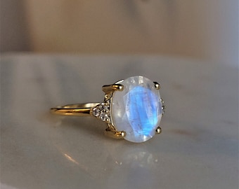 Gold Vermeil Rainbow Moonstone Ring, Moonstone Crystal Jewelry, June Birthstone Promise Ring, Statement Unique Stone Rings For Women