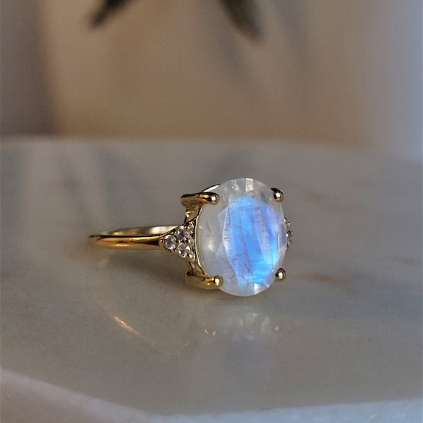 Gold Vermeil Rainbow Moonstone Ring, Moonstone Crystal Jewelry, June Birthstone Promise Ring, Statement Unique Stone Rings For Women