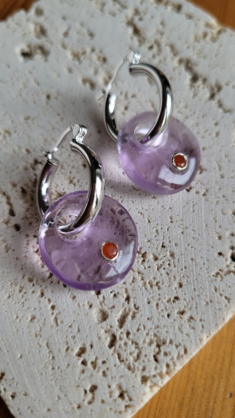 Natural Amethyst Carnelian Charm Silver Gold Hoop Earrings, Crystal Jewelry, Statement Dangle Drop Gemstone Hoops, February Birthstone Gift image 5