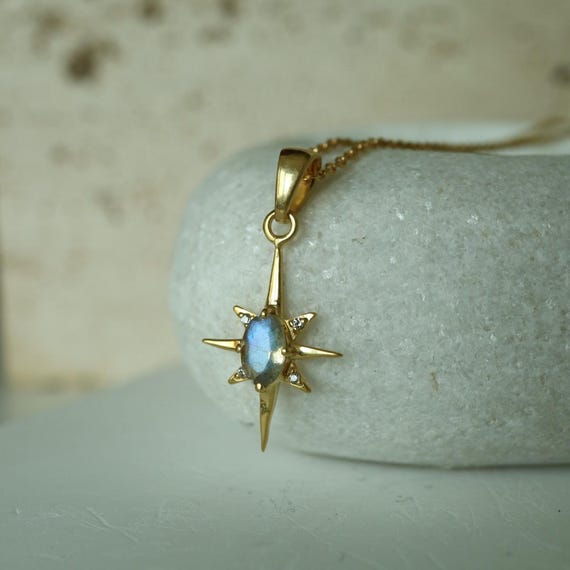 Natural Labradorite North Star Pendant Handmade Necklace – Sterling Silver or Gold-Filled with Zircon Accents