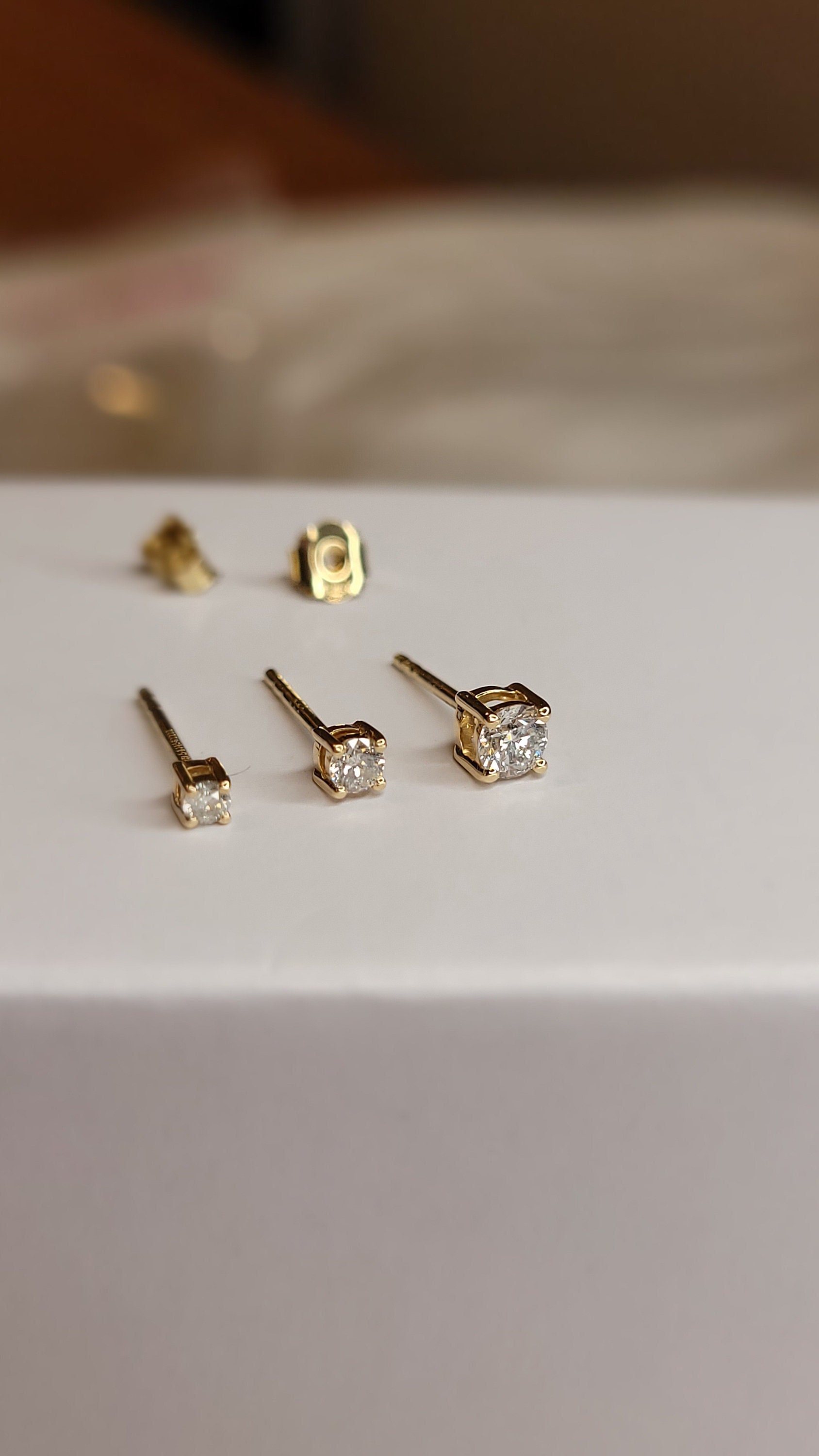 14K Solid Gold Diamond Stud Earring {2mm Solitaire 4 Prong Single or Pair of Studs W Push or Screw Back ~ Responsibly Sourced Real Diamonds}